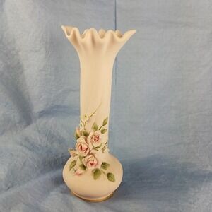 Lefton VNTG Pink Vase applied flowers Japan bud 1040 green leaves matte pink‎